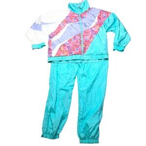 Vintage Casual Isle Wind Breaker Track Suit Jacket Set Multi Colored Large 80's